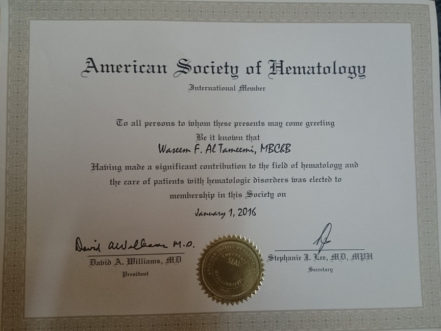 Prof Waseem F Al Tameemi being a member of American Society of  Hematology (ASH) 
