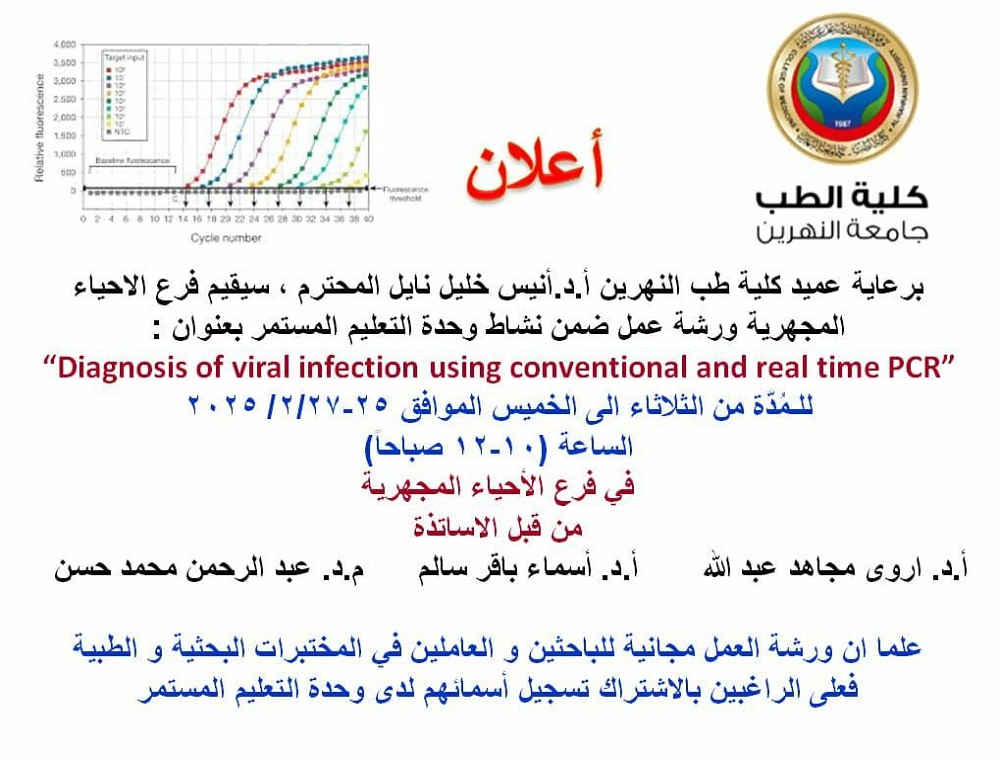 The Department of Microbiology will hold a workshop as part of the Continuing Education Unit's activities titled: "Diagnosis of viral infection using conventional methods and real-time PCR."