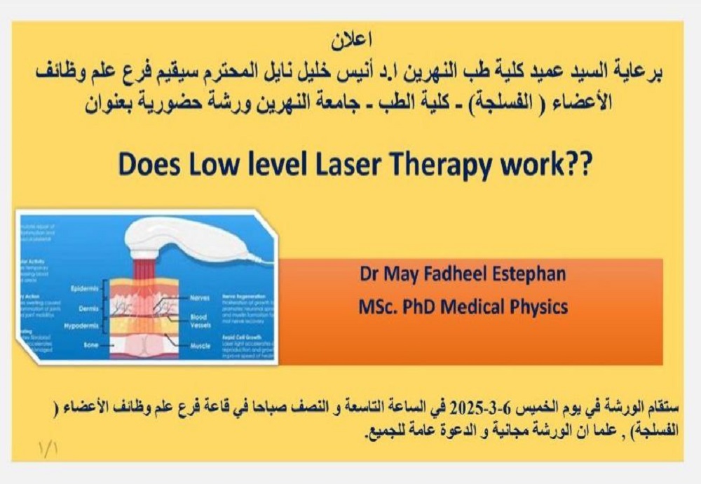 A workshop titled: Does Low-Level Laser Therapy Work? organized by the Department of Physiology (Members' Functions).