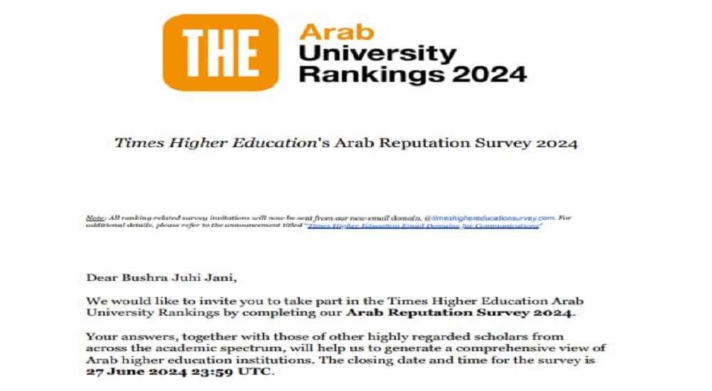 The lecturer Dr. Bushra Juhi Jani received an invitation from Times Higher Education for the year 2024.