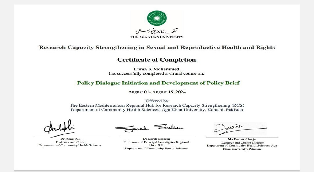 **Participation of a Faculty Member from the Department of Family and Community Medicine in a Workshop with the World Health Organization, the Research and Development Network in Reproductive and Sexual Health, and Aga Khan University in Pakistan.**